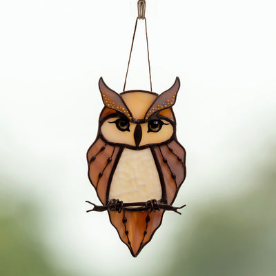 Sitting on the branch stained glass horned owl suncatcher