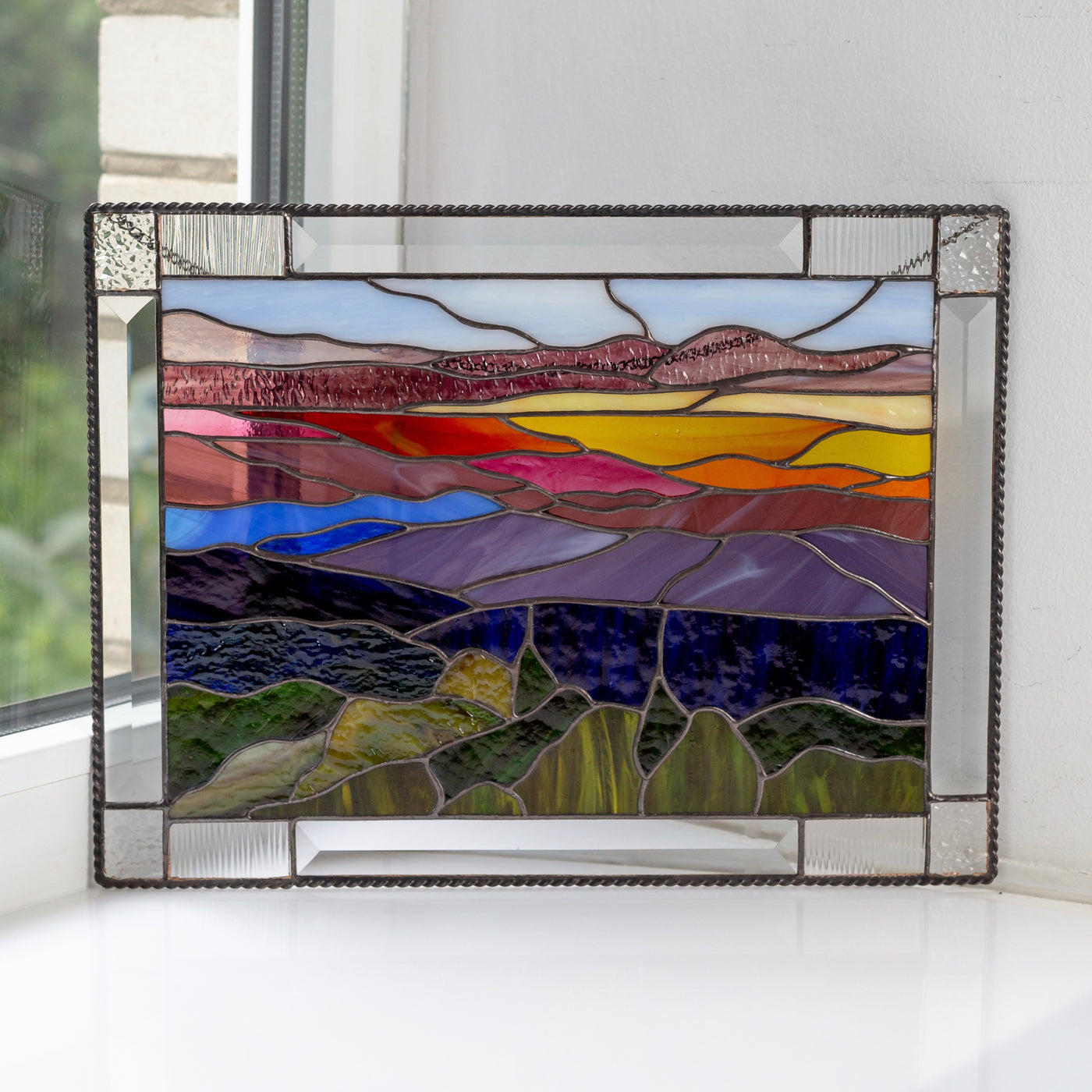 Stained glass panel depicting Blue Ridge Mountains landscape