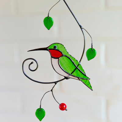 Green ruby-throated stained glass hummingbird suncatcher