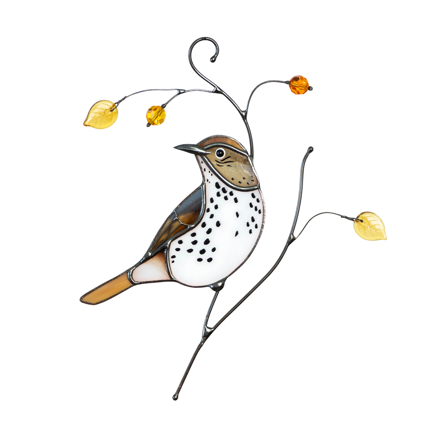 Brown Thrasher sitting on the branch suncatcher of stained glass