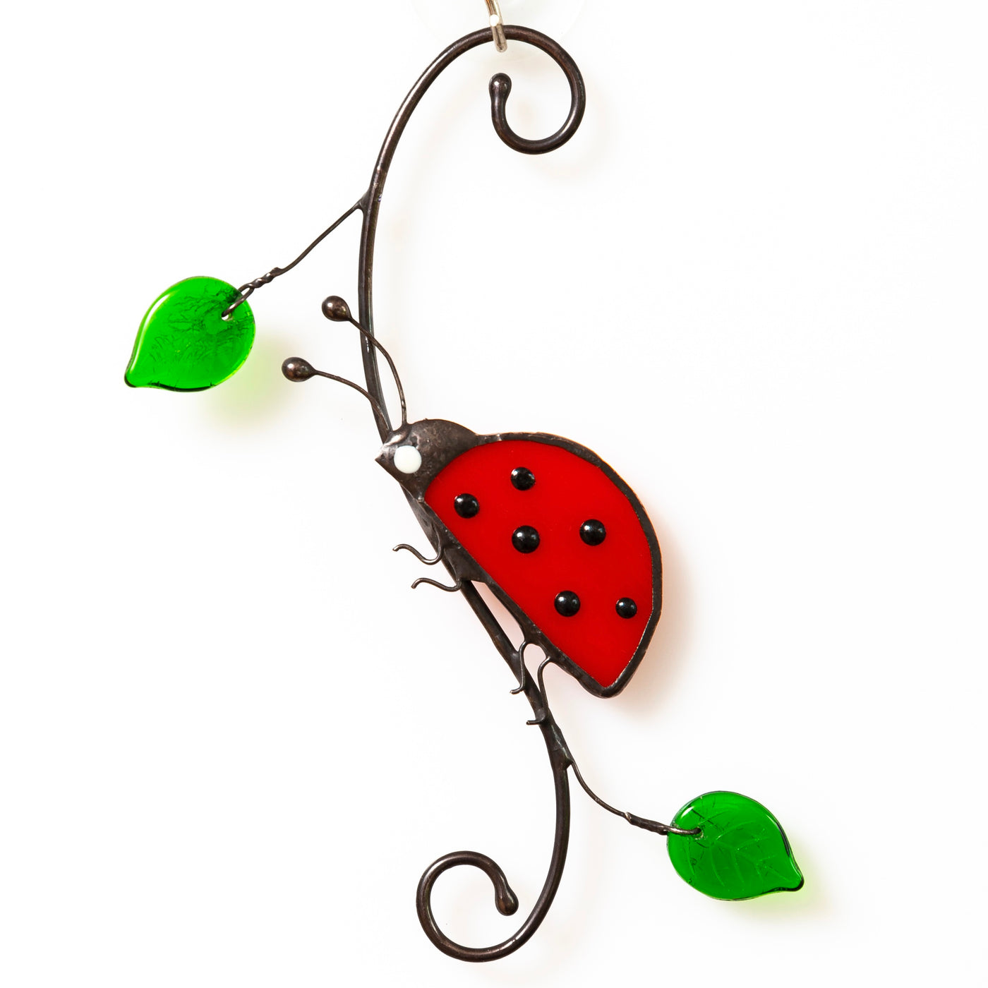 Stained glass ladybug with leaves side view suncatcher