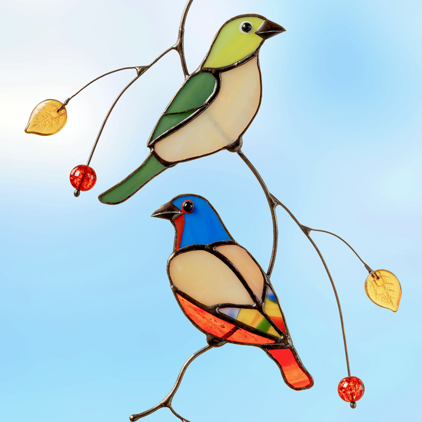 Stained glass bunting birds sitting on the branch suncatcher
