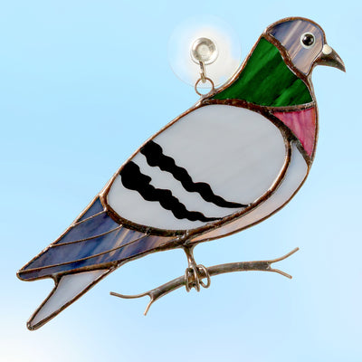 Stained glass pigeon sitting on the branch suncatcher