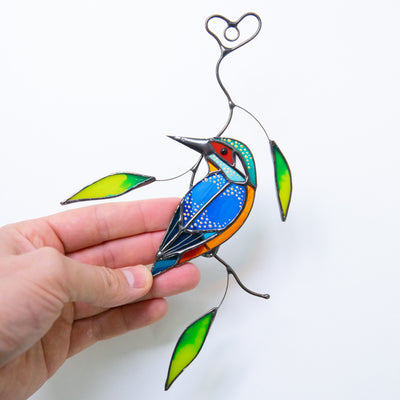 Stained glass kingfisher with leaves window hanging  
