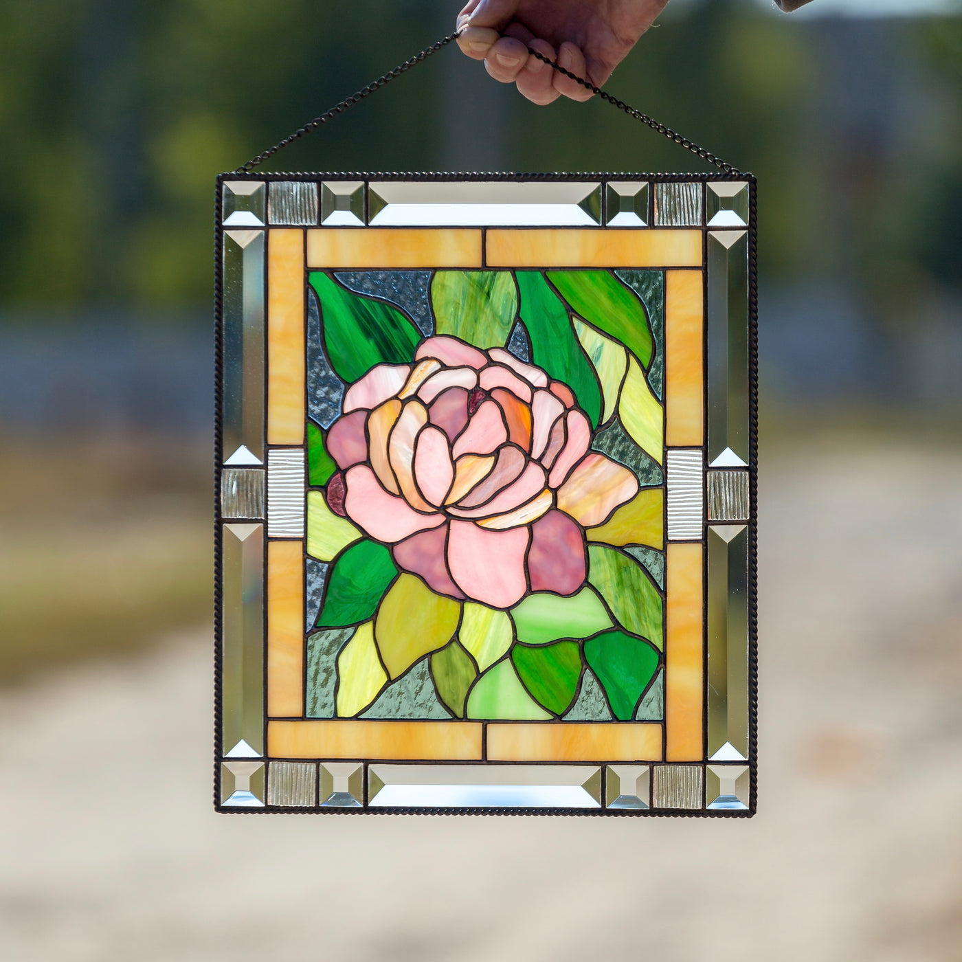 Stained glass pink peony wall window hanging panel