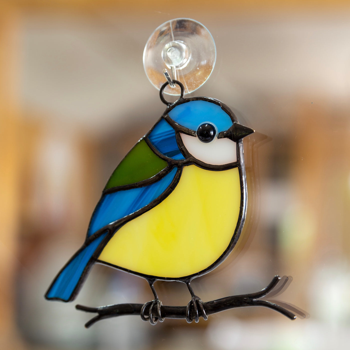 Sitting on the branch chickadee stained glass window hanging