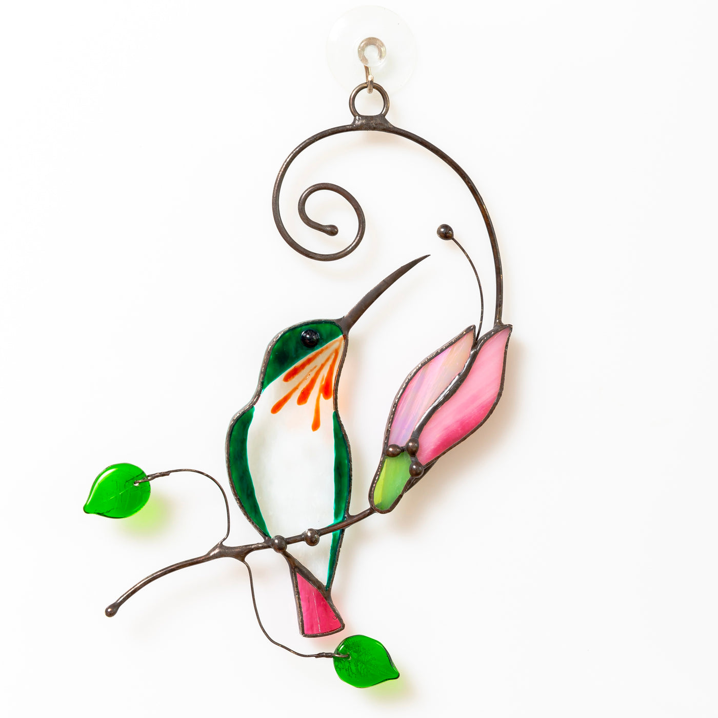 Stained glass suncatcher of hummingbird with pink flower