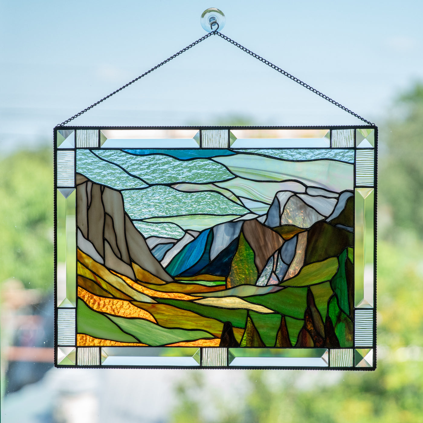 Stained glass panel depicting Yosemite national park for home decor