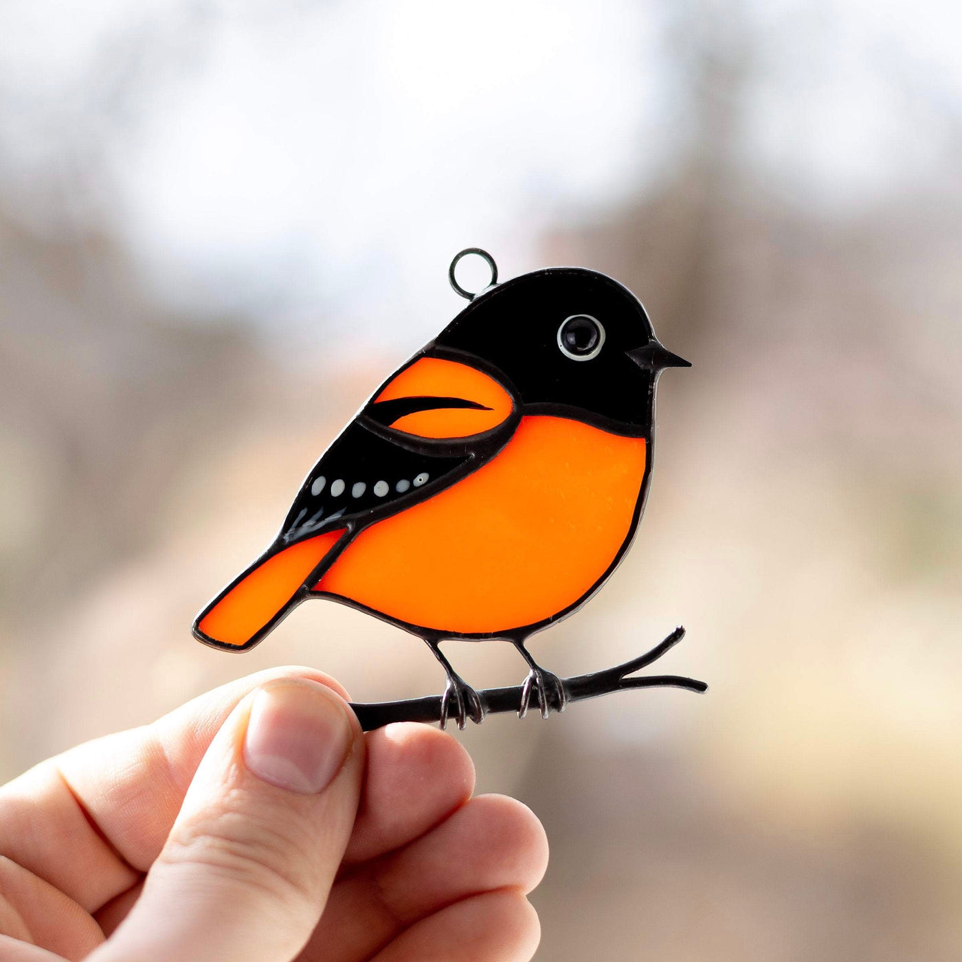 Stained glass Baltimore oriole window hanging