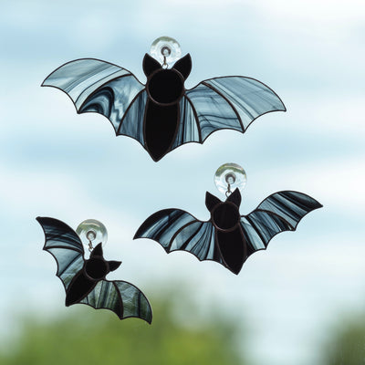 Three stained glass vampire bats Halloween creepy suncatchers