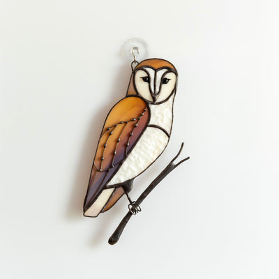 Stained glass Barred owl sitting on the branch suncatcher