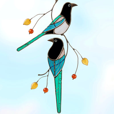 Two stained glass magpies suncatcher for window hanging