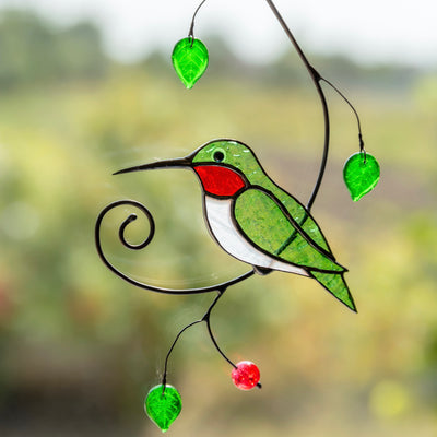 Stained glass green hummingbird with ruby throat suncatcher