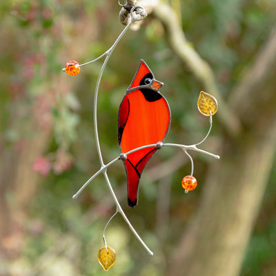 Stained glass Cardinal sitting on the branch suncatcher