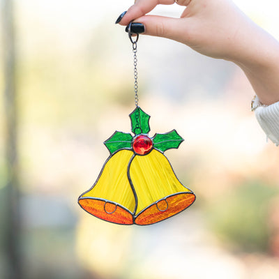 Stained glass Christmas bells window hanging for home decor