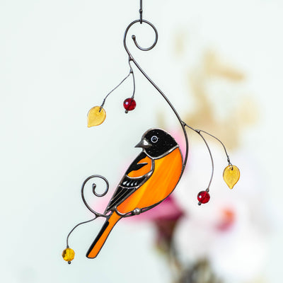 Looking left Baltimore oriole bird suncatcher of stained glass