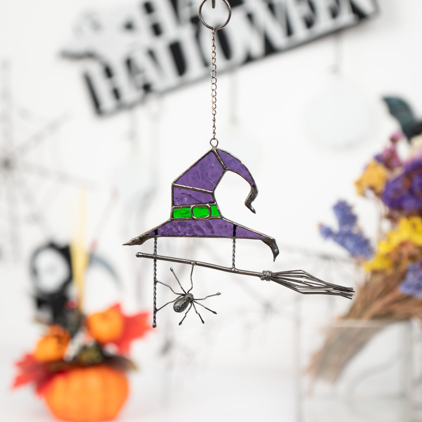 Stained glass horror witch hat window hanging