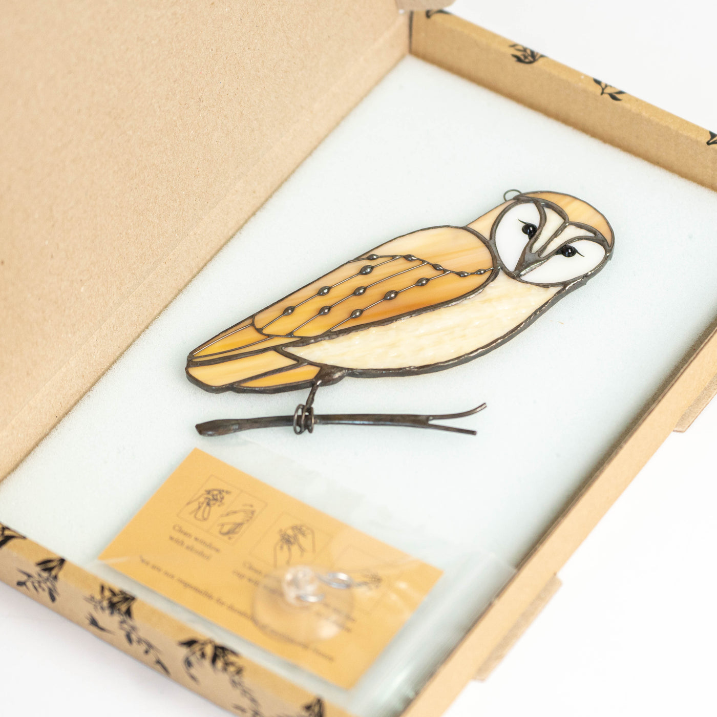 Barred owls suncatcher in a brand box