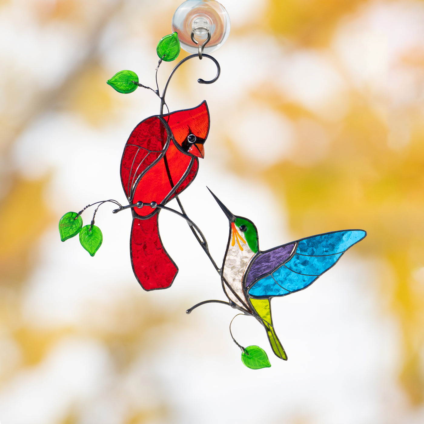 Cardinal and hummingbird suncatcher of stained glass
