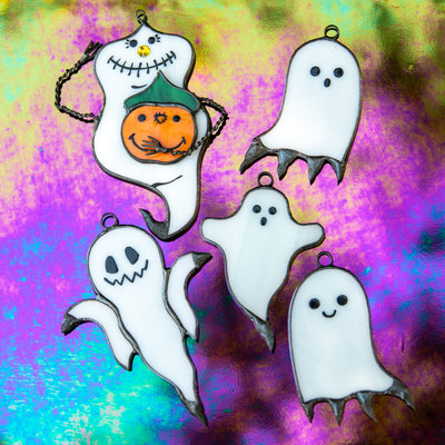 A set of 5 amusing stained glass ghosts suncatchers