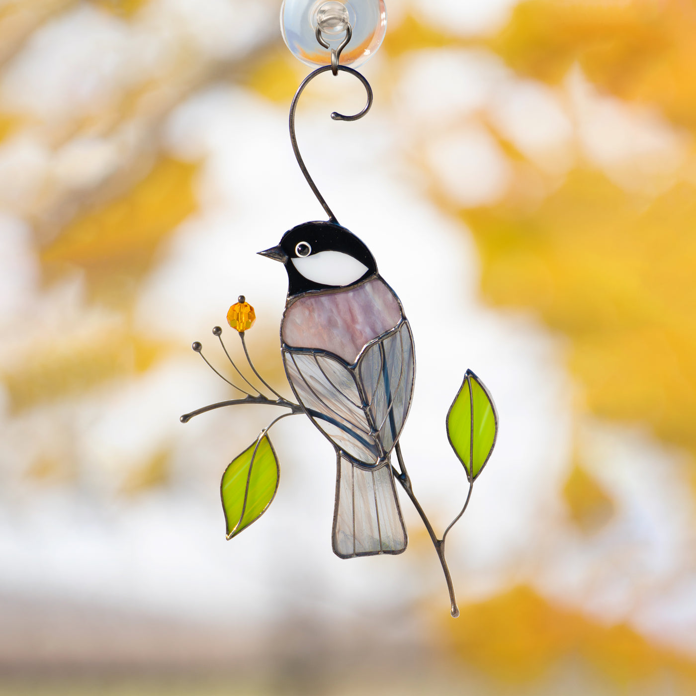 Chickadee back-view suncatcher of stained glass