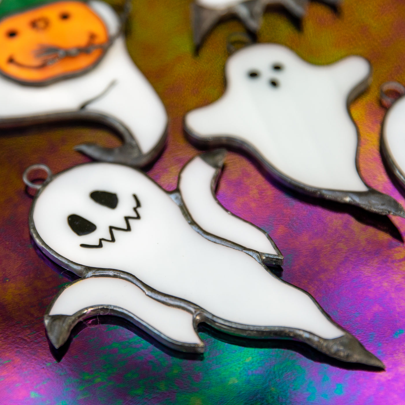 Stained glass white flying ghost Halloween suncatcher