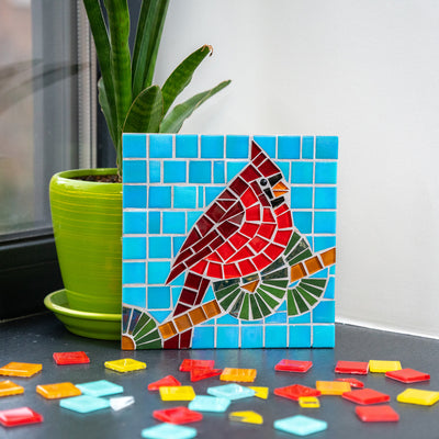 Cardinal on blue background glass mosaic DIY kit