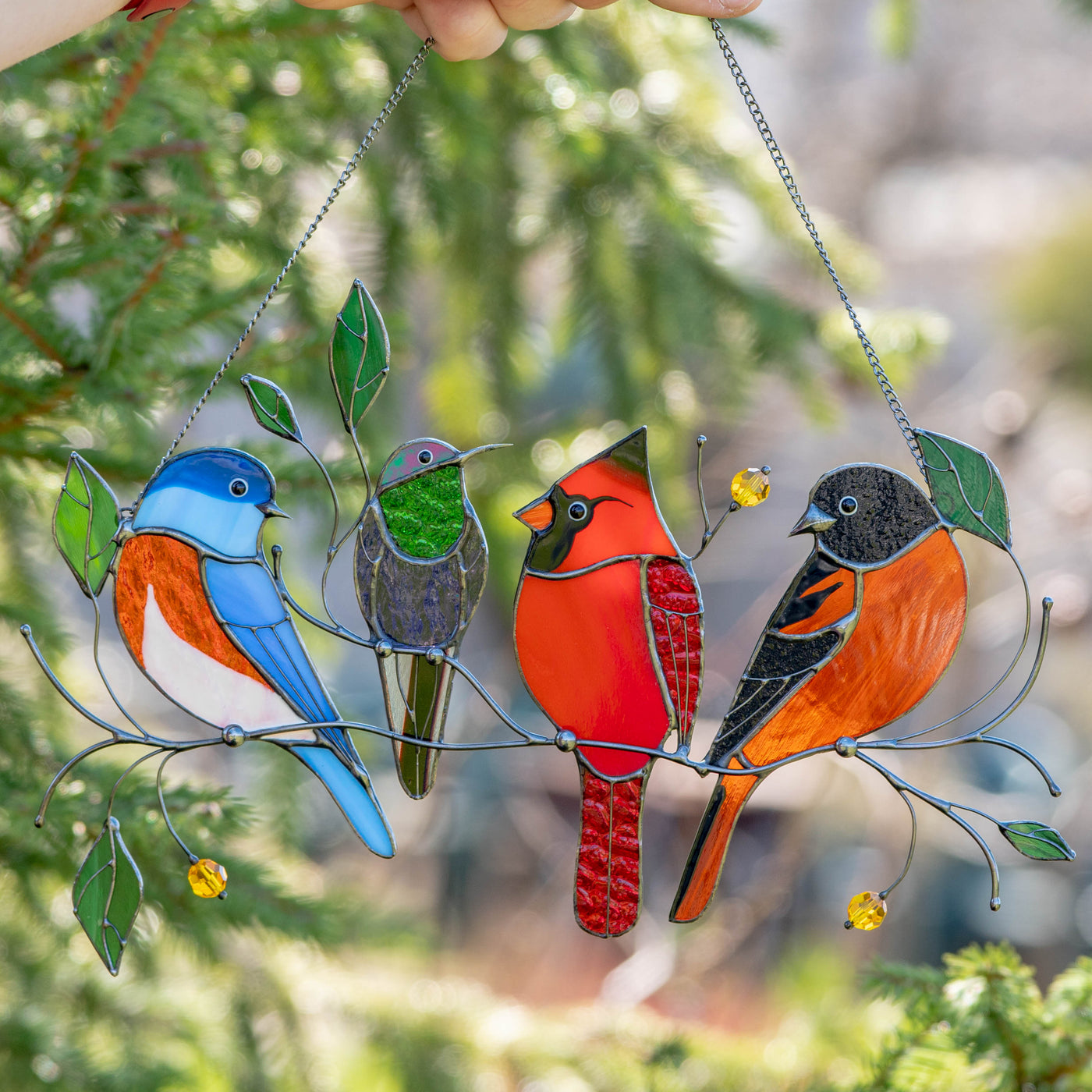 Bright stained glass four birds window hanging 