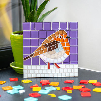 Robin on purple and white background glass mosaic