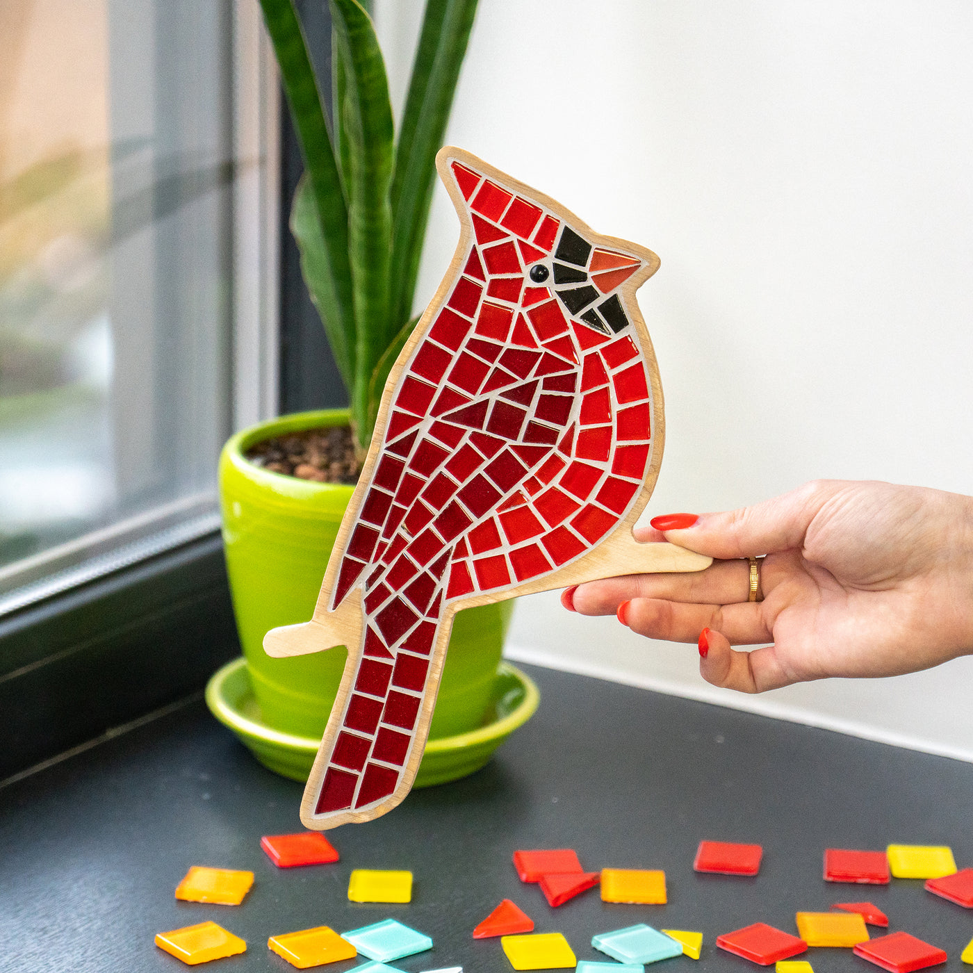 Glass mosaic of red cardinal for DIY crafts