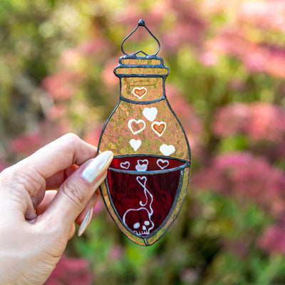 Stained glass bottle with blood window hanging for Halloween spooky decor