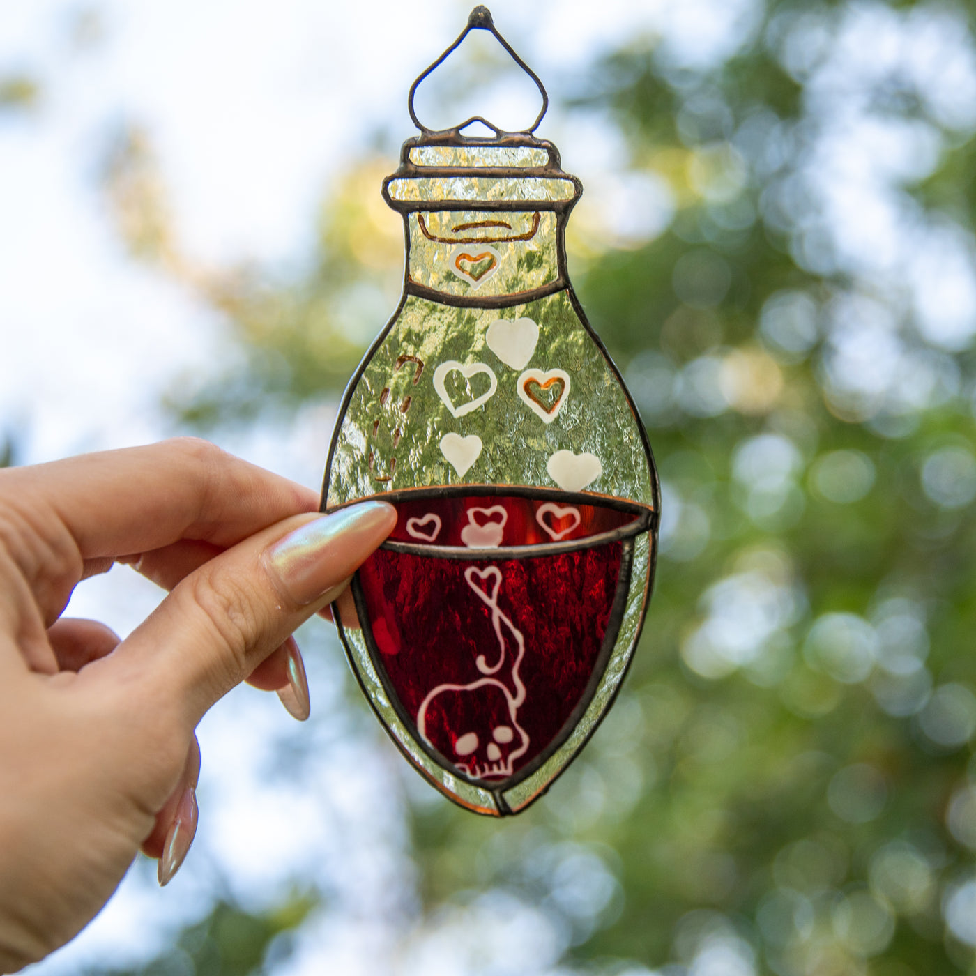 Creepy stained glass bottle with blood Halloween suncatcher