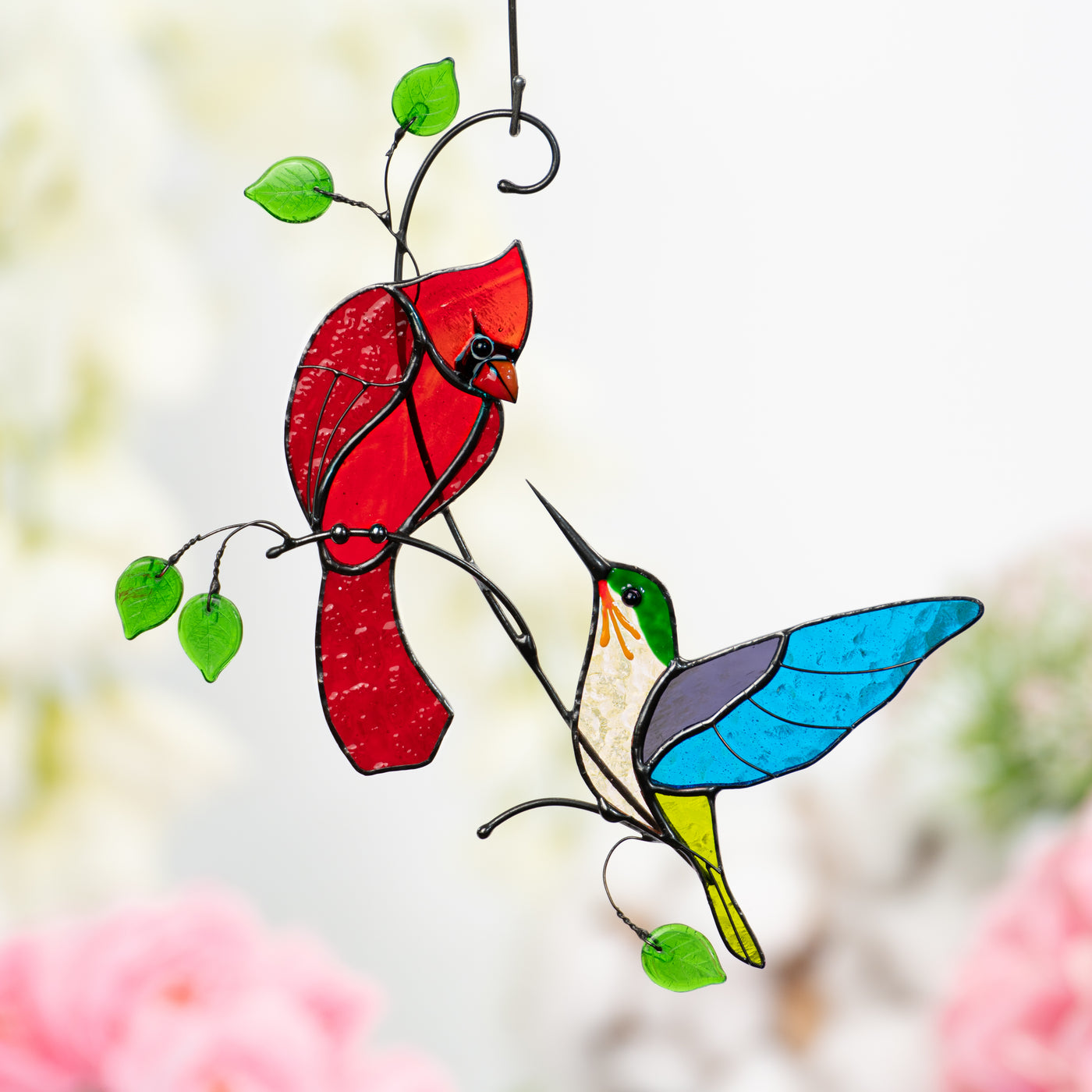 Couple of cardinal and hummingbird suncatcher of stained glass