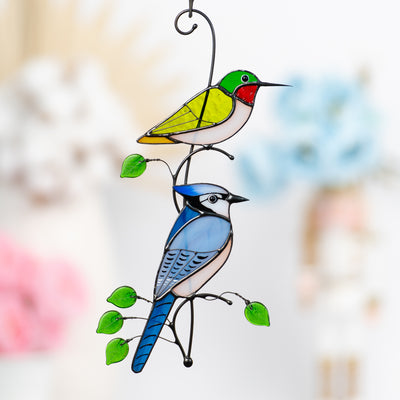 Couple of hummingbird and blue jay window hanging of stained glass