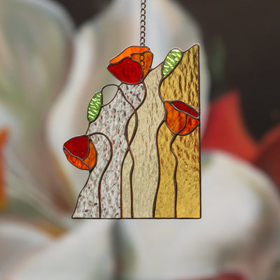 Stained glass panel with three red poppies for home decor