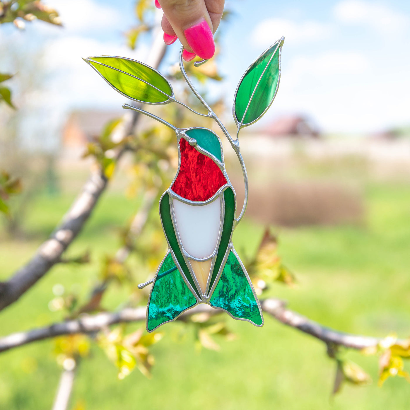 Stained glass ruby-throated hummingbird window hanging 
