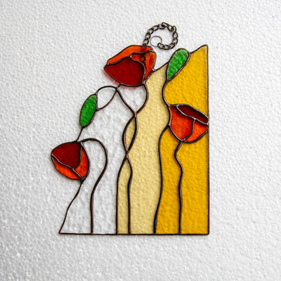 Three poppies panel of stained glass for window decor