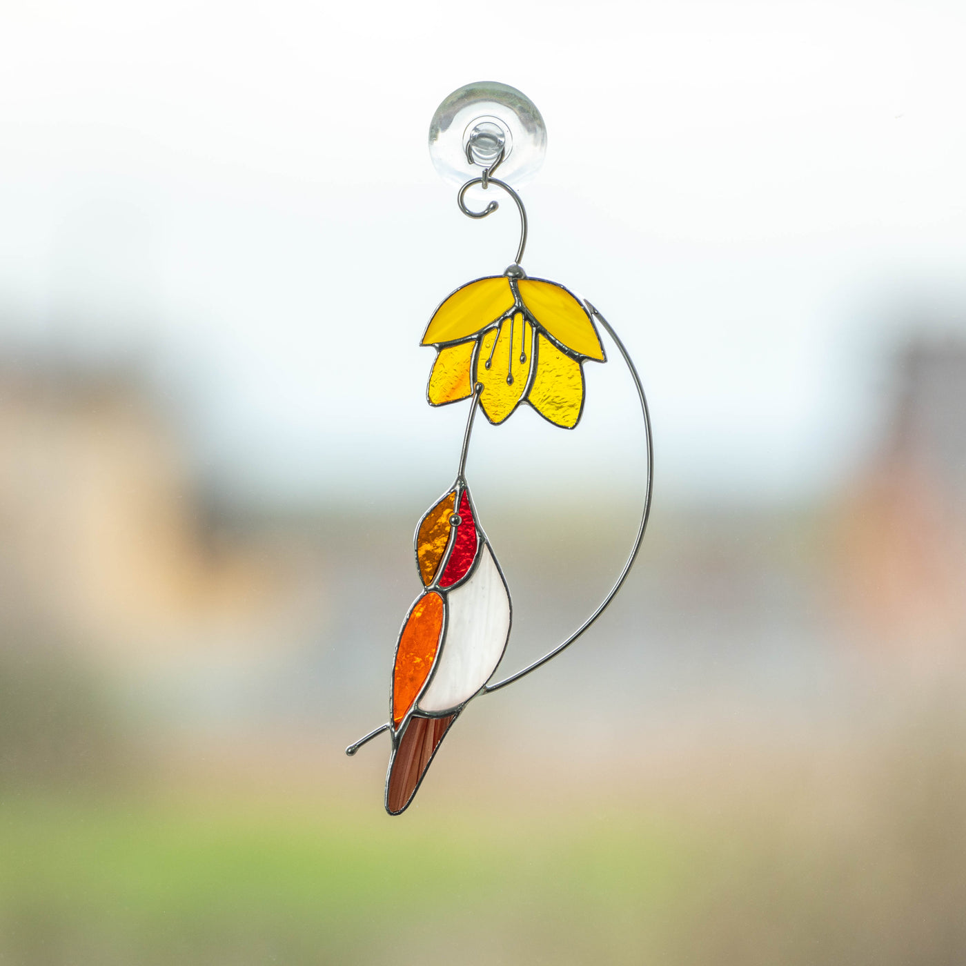Golden hummingbird with yellow flower window hanging for home decor
