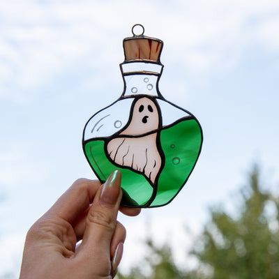 Stained glass Halloween ghost in the bottle window hanging