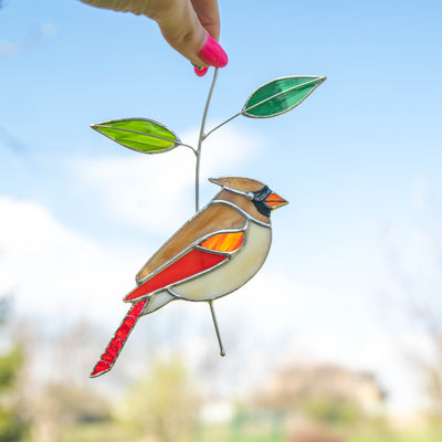 Female cardinal suncatcher for stained glass