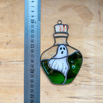 Stained glass ghost in the bottle suncatcher for Halloween home decor
