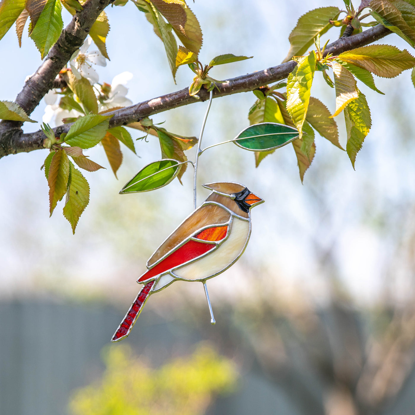 Stained glass suncatcher of female cardinal sitting on the branch with leaves