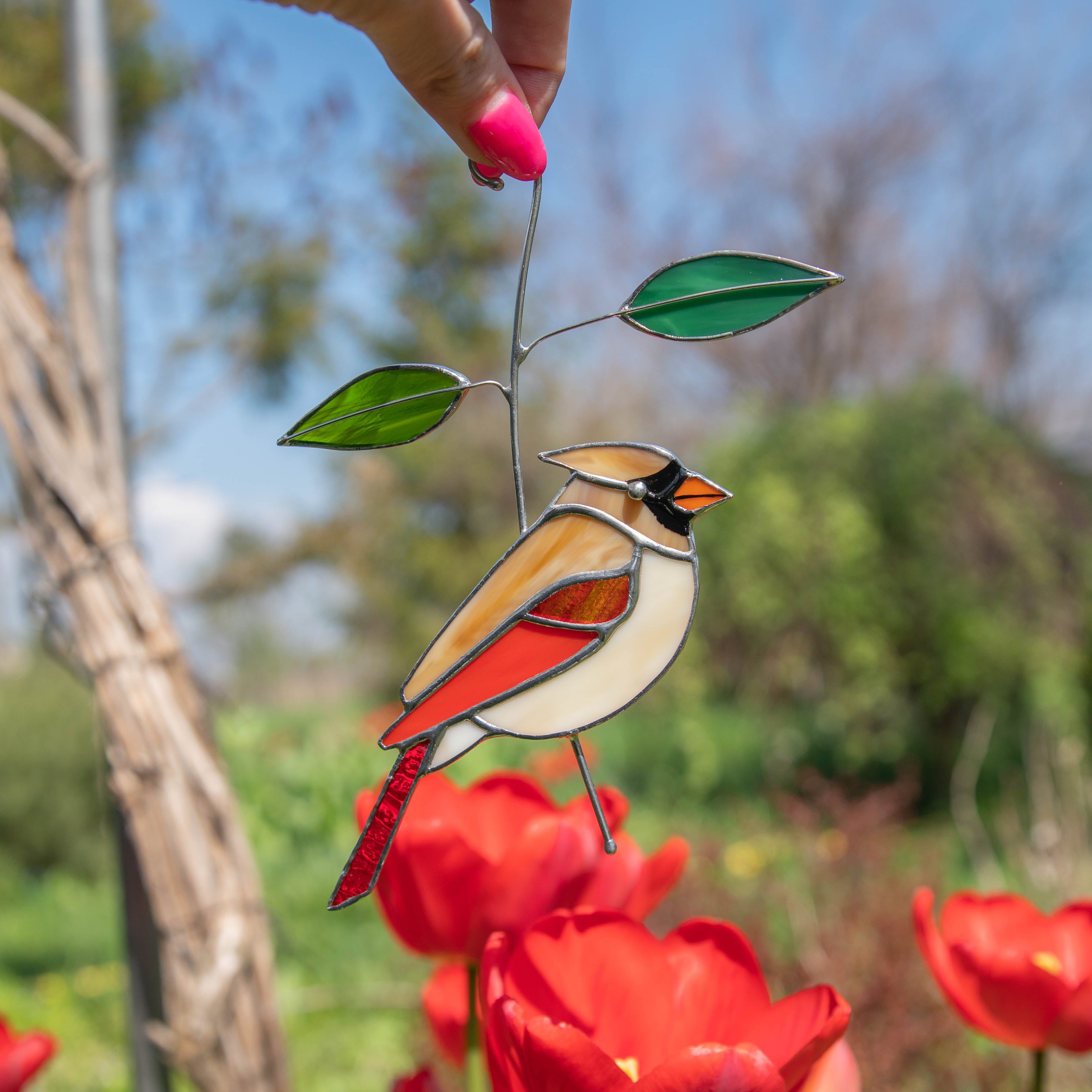 Stained glass female cardinal window hanging 