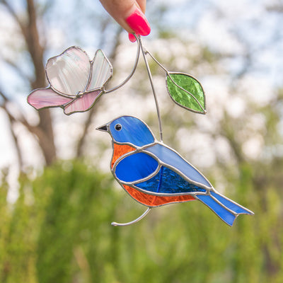 Stained glass bluebird with flower suncatcher