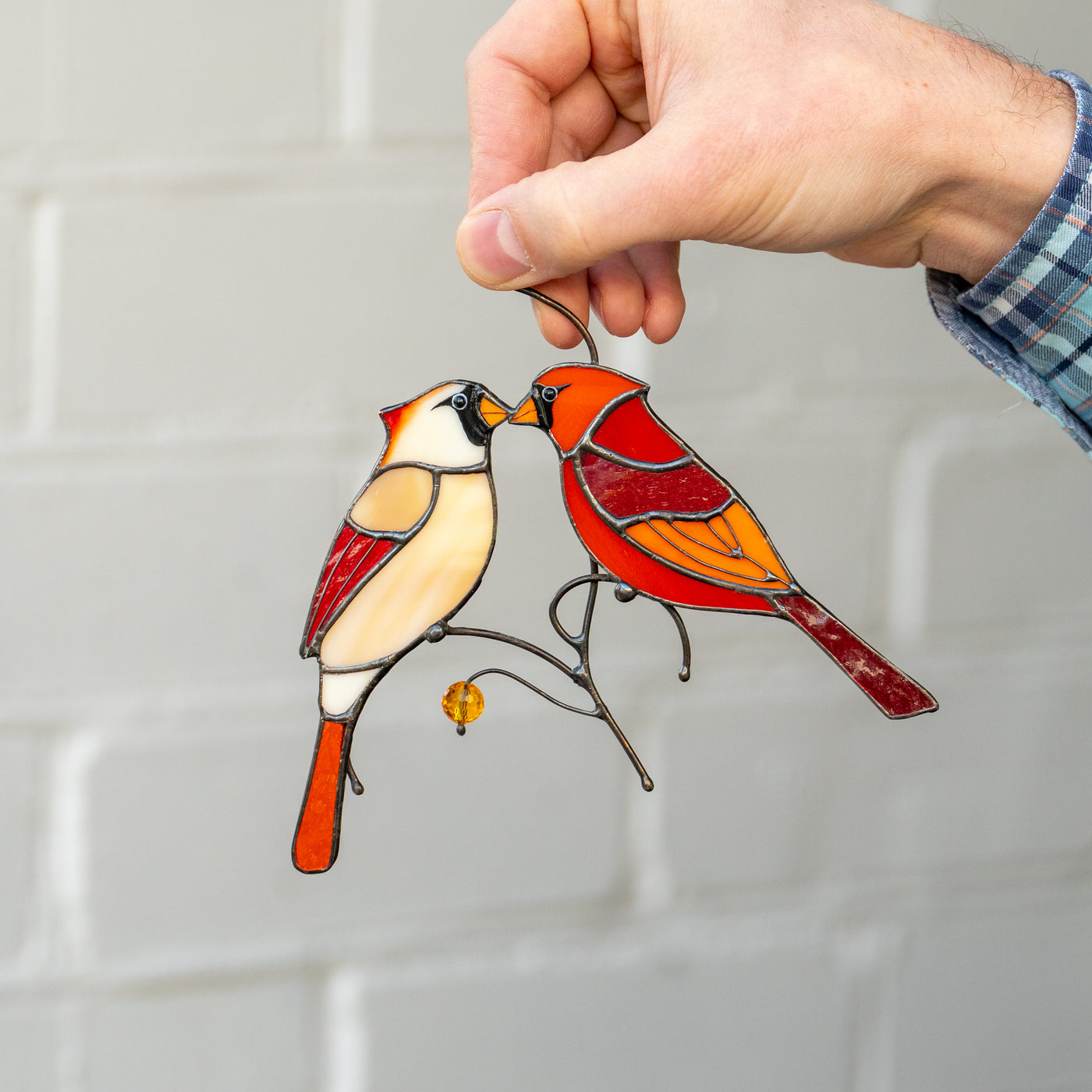 Lovely stained glass cardinals kissing suncatcher for window