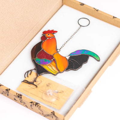 Stained glass rooster suncatcher in a brand box