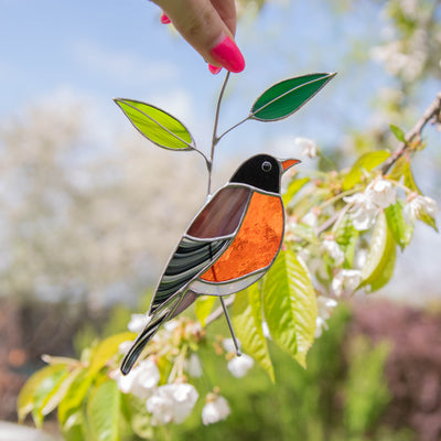 Stained glass looking right American robin window hanging