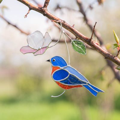 Bluebird with pink flower window hanging of stained glass