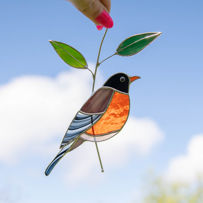 Stained glass American robin bird suncatcher