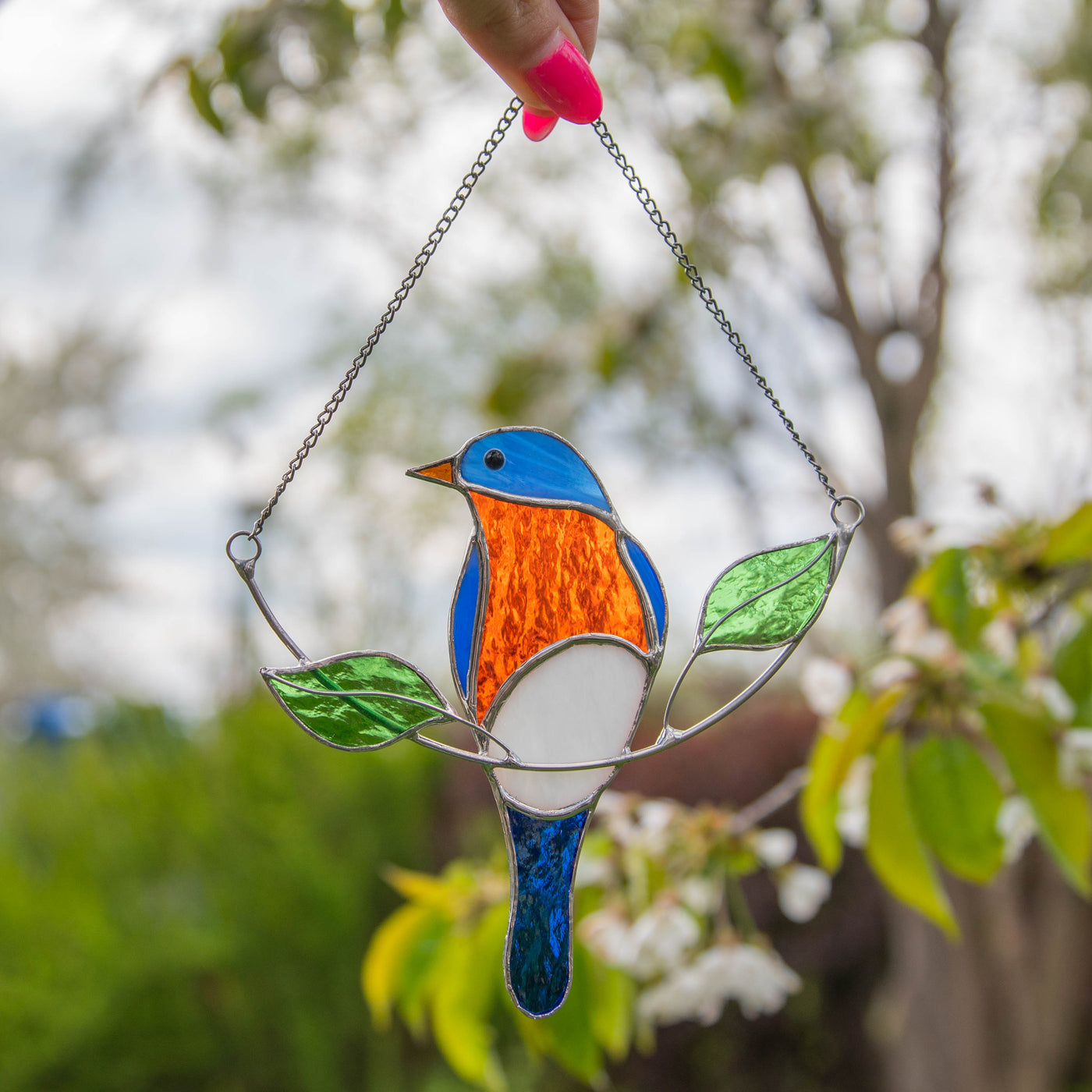 Bluebird on the chain stained glass suncatcher